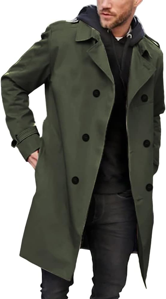 Mens Double Breasted Trench Coat Notched Lapel Casual Slim Fit Long Windbreaker Overcoat