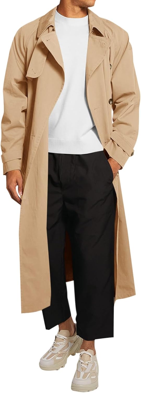 Mens Trench Coat Double Breasted Belted Windbreaker Jackets Lapel Lightweight Long Jacket Casual Overcoat