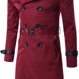 Men's Double Breasted Trench Coat Stylish Slim Fit Mid Long Belted Windbreaker