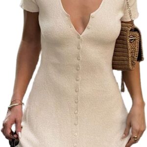 Women Sexy V Neck Button Down Knitted Short Dress Slim Fit Cap Sleeve Flowy Swing Going Out Mini Dress Summer