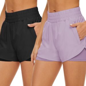 2 Pack Athletic Shorts for Women, Quick Dry Running Shorts with Pockets High Waisted Workout Gym Sports Shorts