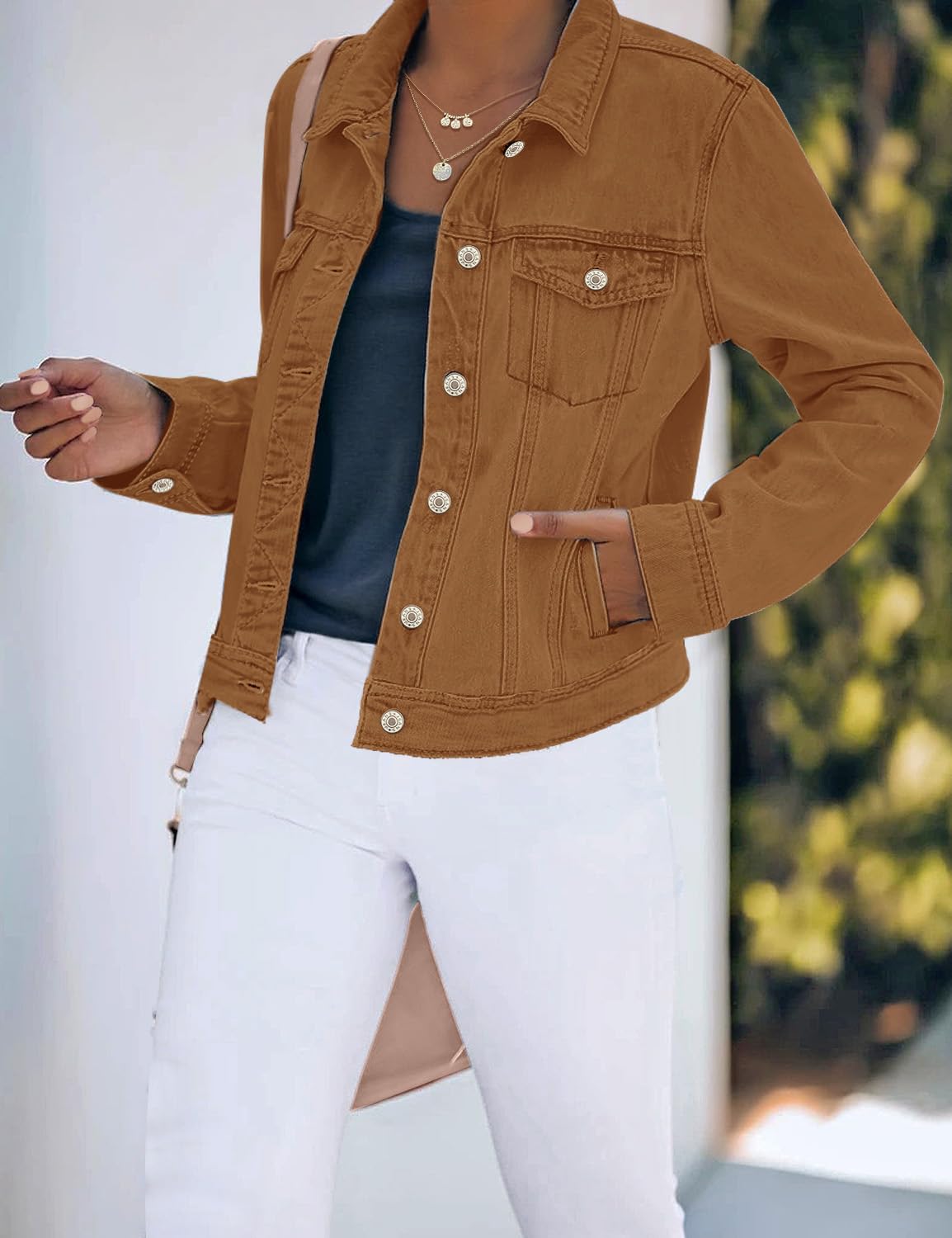 Women's Basic Button Down Stretch Fitted Long Sves Denim Jean Jacket - Image 2