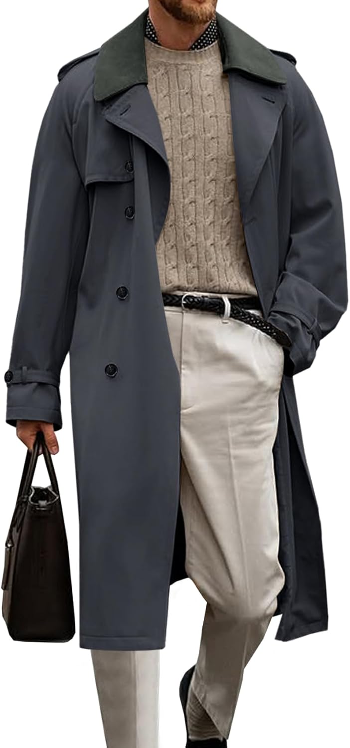 Mens Trench Coat Double Breasted Notched Lapel Long Jacket Fall Casual Classic Overcoat with Belt