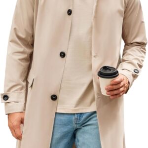 Mens Trench Coat Slim Fit Single Breasted Long Windbreaker Jacket Classic Lapel Casual Overcoat