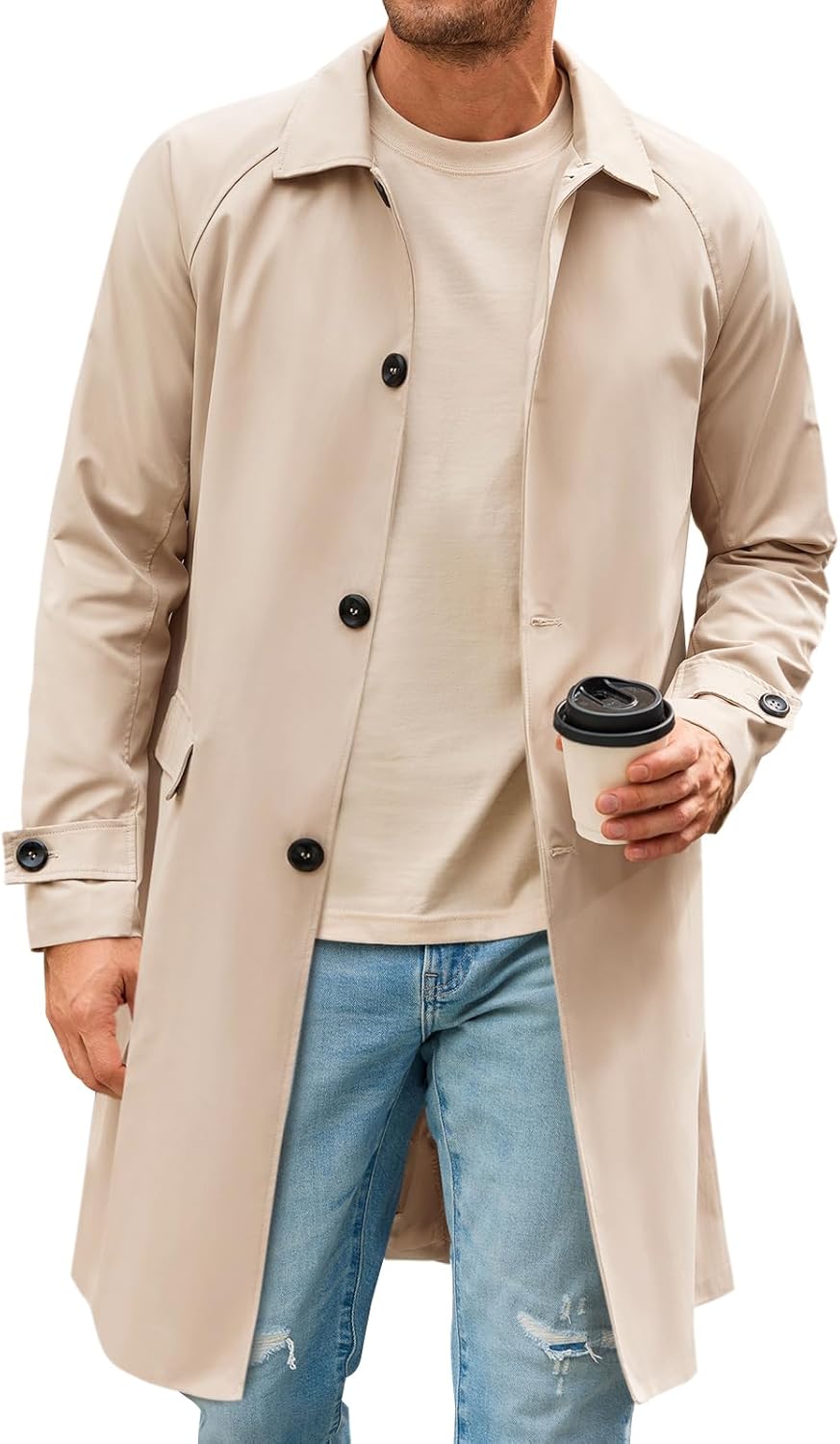 Mens Trench Coat Slim Fit Single Breasted Long Windbreaker Jacket Classic Lapel Casual Overcoat