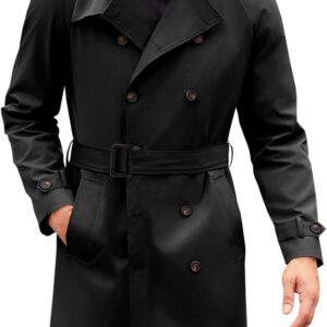Mens Trench Coat Double Breasted Mid Long Jacket Casual Belted Overcoat Notched Lapel Windbreaker