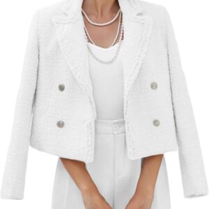2025 Women's Spring Tweed Blazer Fashion Warm Fully-Lined Elegant Trendy Casual Double-Breasted Jacket with Pockets