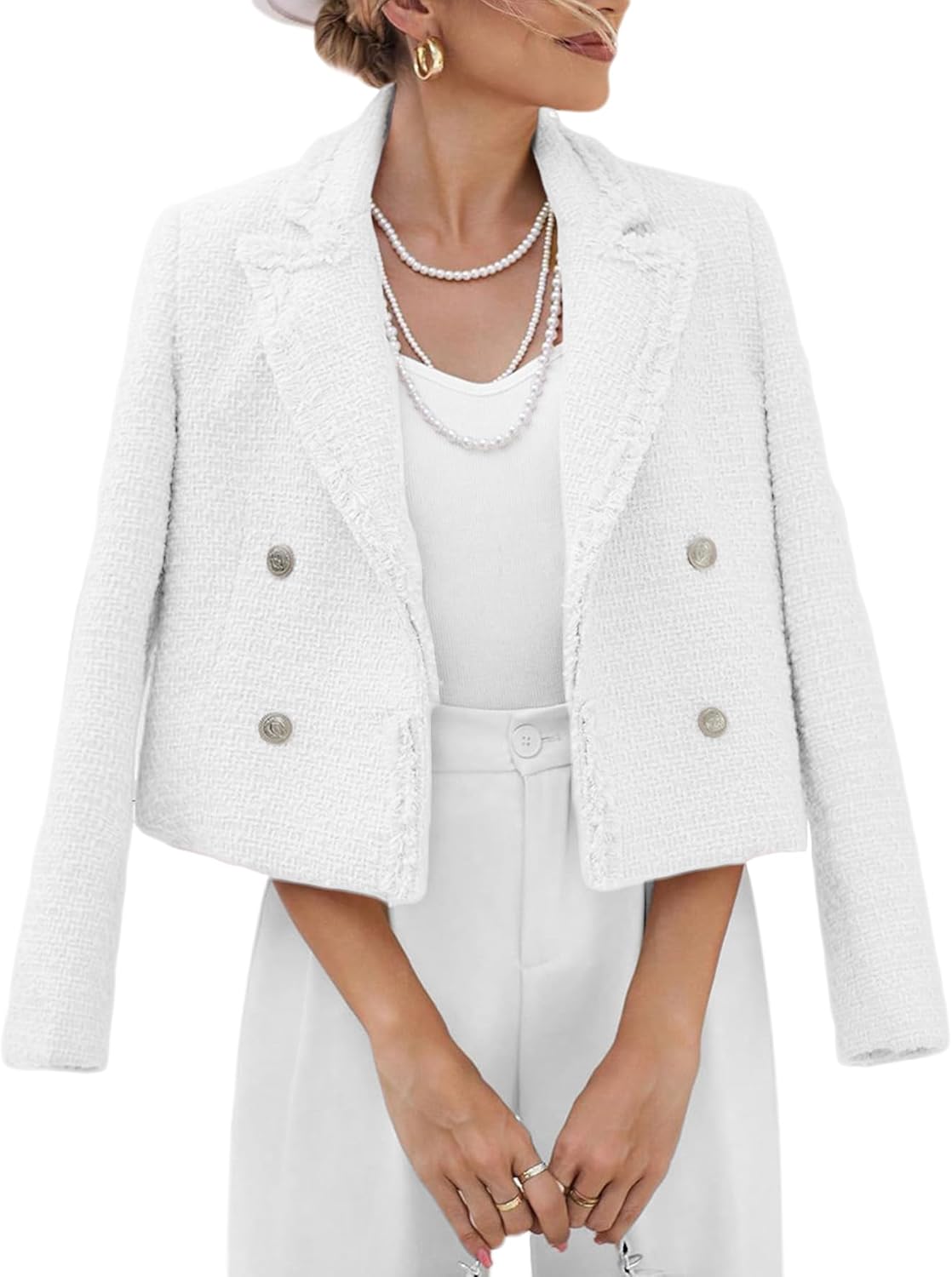 2025 Women's Spring Tweed Blazer Fashion Warm Fully-Lined Elegant Trendy Casual Double-Breasted Jacket with Pockets