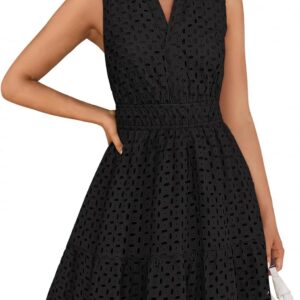 women Summer Sleeveless Mini Dress V Neck Hollow Out Eyelet High Waist A Line Swing Short Party Dresses