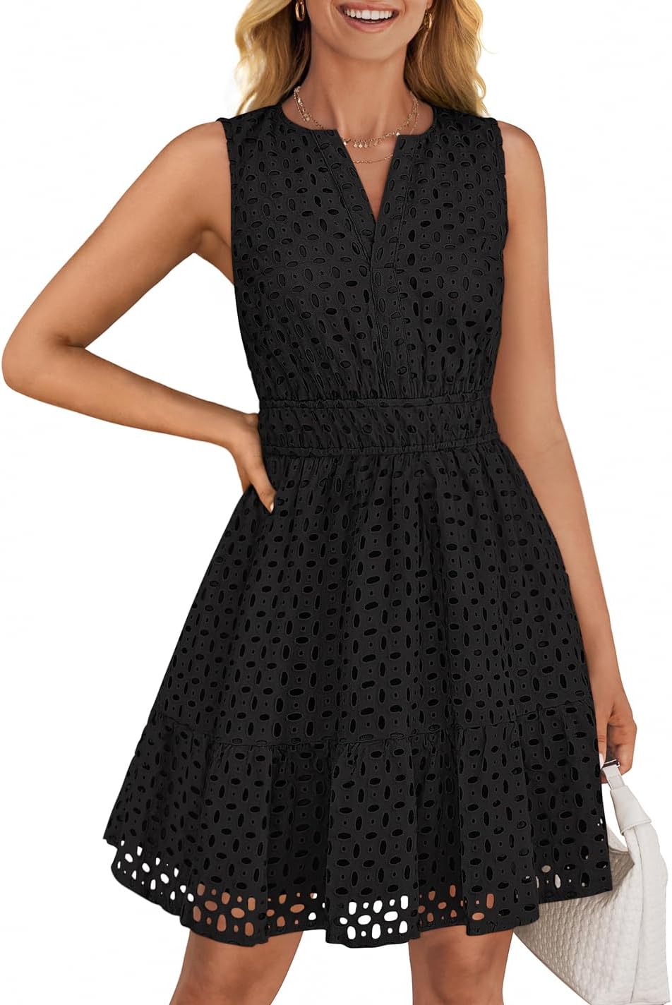 women Summer Sleeveless Mini Dress V Neck Hollow Out Eyelet High Waist A Line Swing Short Party Dresses