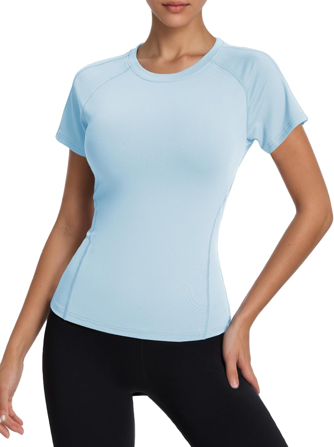 Women's Compression Workout Shirts Breathable Quick Dry Gym Short Sleeve Basic Tops - Image 2