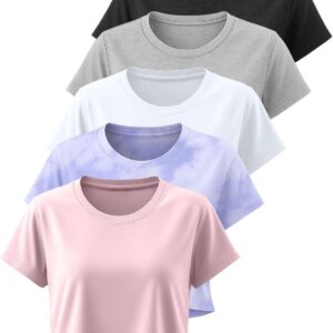 5 Pack: Women's Dry Fit Crop Top - Short Sleeve Crew Neck Stretch Athletic Tee (Available in Plus Size)