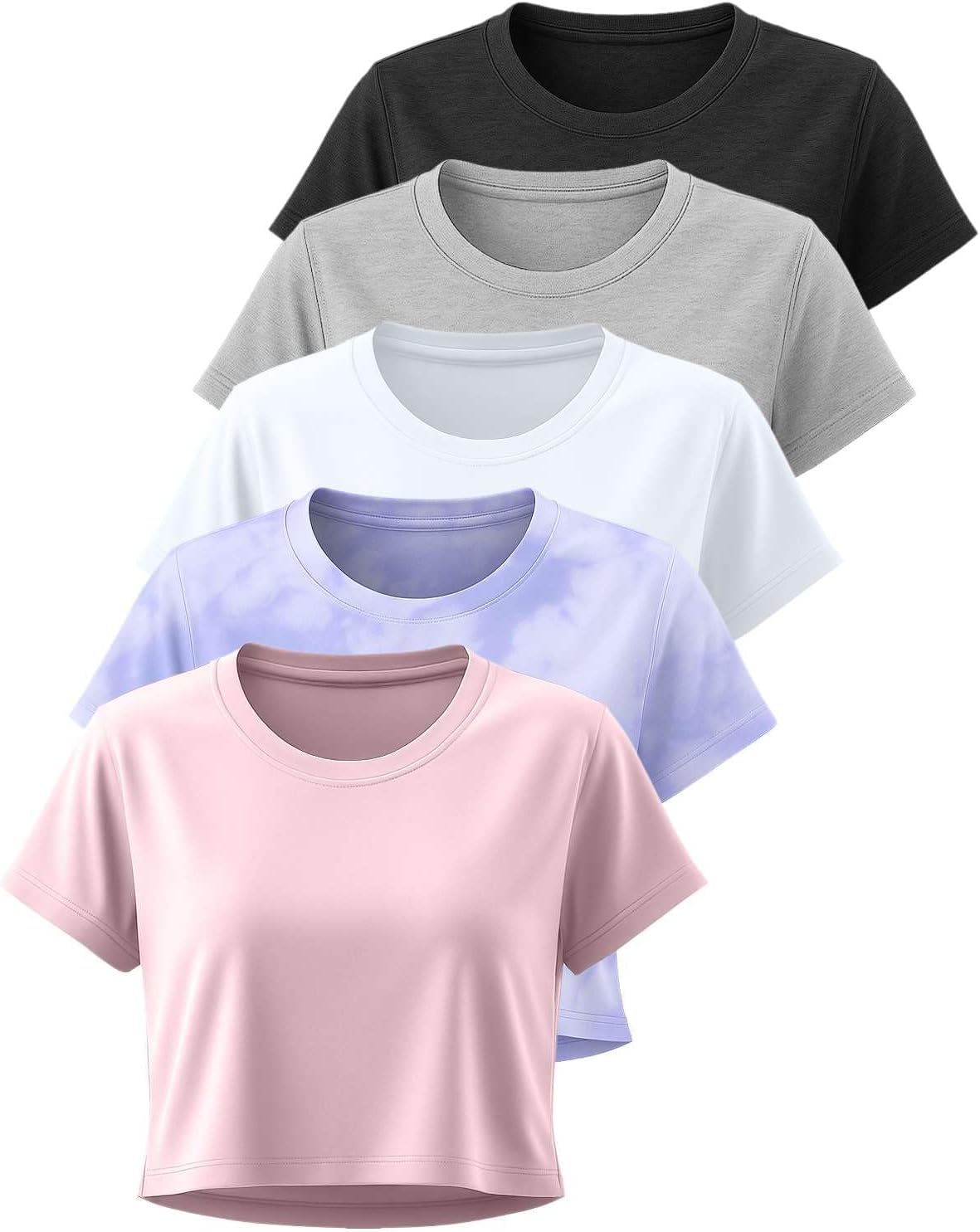 5 Pack: Women's Dry Fit Crop Top - Short Sleeve Crew Neck Stretch Athletic Tee (Available in Plus Size)
