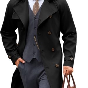 Mens Trench Coat Double Breasted Notched Lapel Casual Belted Windbreaker Fall Classic Long Jacket Overcoat