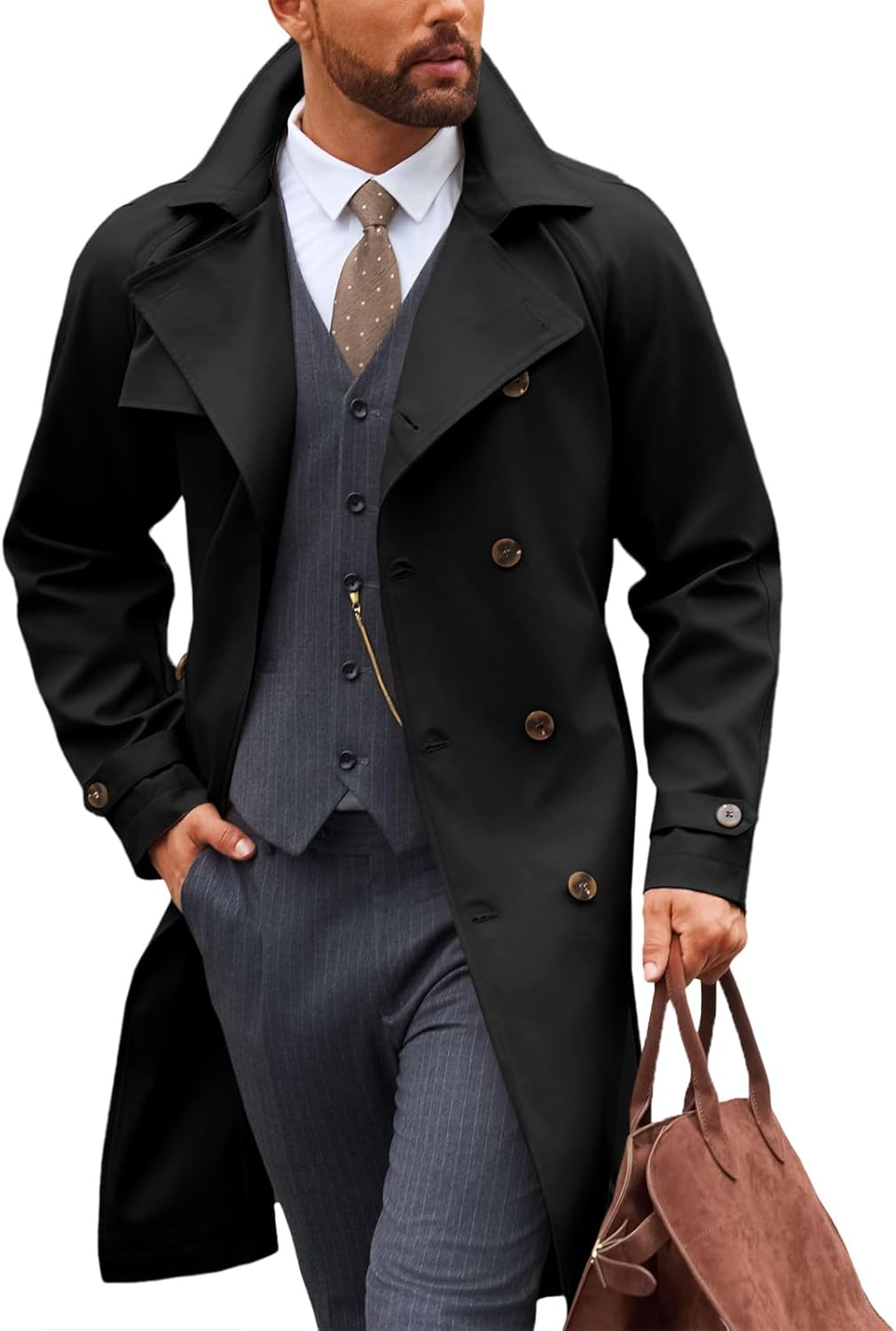 Mens Trench Coat Double Breasted Notched Lapel Casual Belted Windbreaker Fall Classic Long Jacket Overcoat
