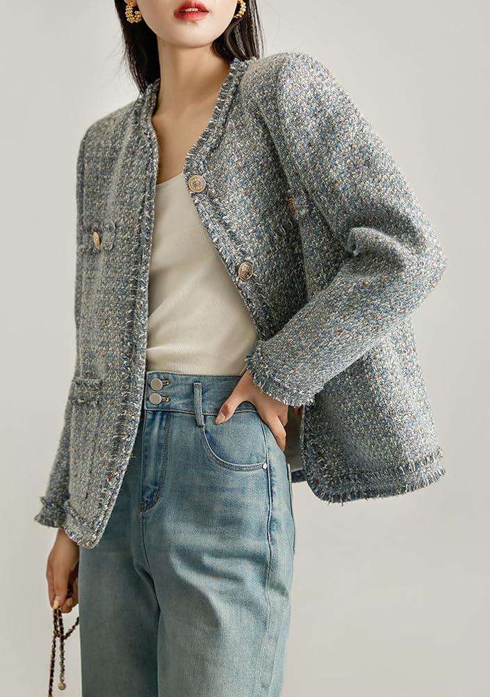 Women's Elegant Houndstooth Tweed Jacket Button Down Fringed Tassel Blazer Jacket Coat - Image 2