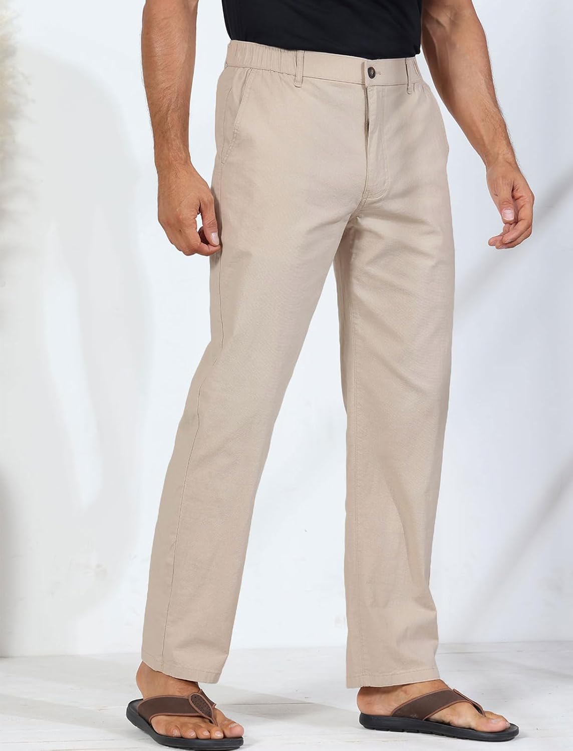 Men's Casual Linen Blend Relaxed Fit Straight Legs Elastic Waist Pants - Image 2