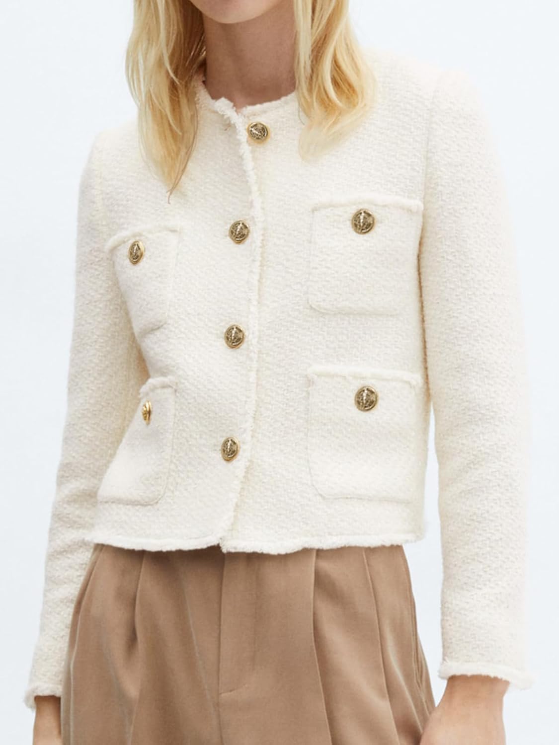 Womens Cropped Tweed Blazer Collarless Casual Business Suit Jacket Fall Elegant Outerwear - Image 2