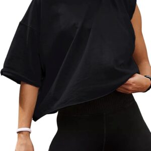 Women's Oversize Workout Crop Tops Casual Short Sleeve Drop Shoulder Boxy T-Shirts Roll Hem Basic Loose Yoga Running Tees