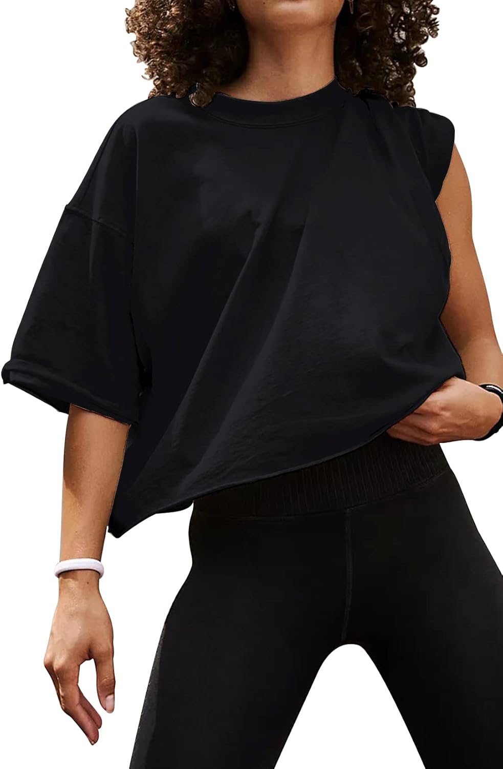 Women's Oversize Workout Crop Tops Casual Short Sleeve Drop Shoulder Boxy T-Shirts Roll Hem Basic Loose Yoga Running Tees