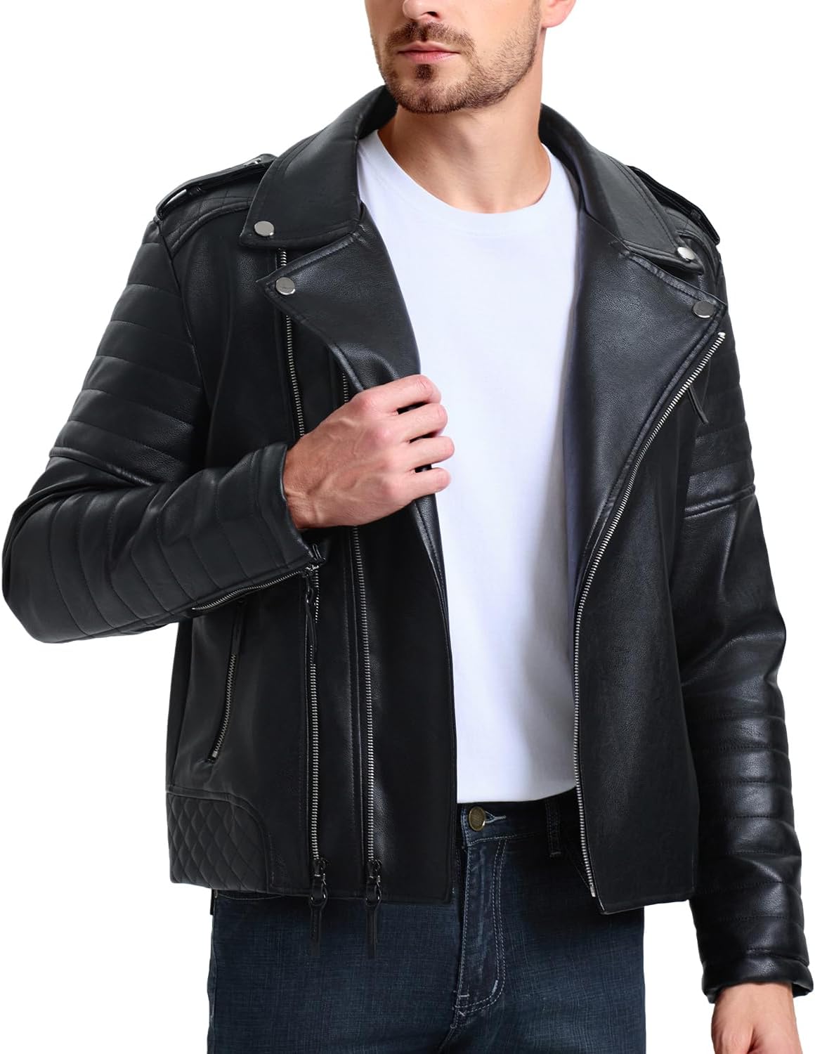 Men's Leather Jackets, Faux Bomber Jacket for Men Motorcycle Lapel Asymmetric Zip-Up Slim Fit Biker Coat - Image 2