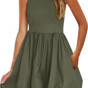 Summer Dresses for Women 2025 Casual Sleeveless Tank Mini Short Dress Crew Neck Bubble Sundress with Pockets