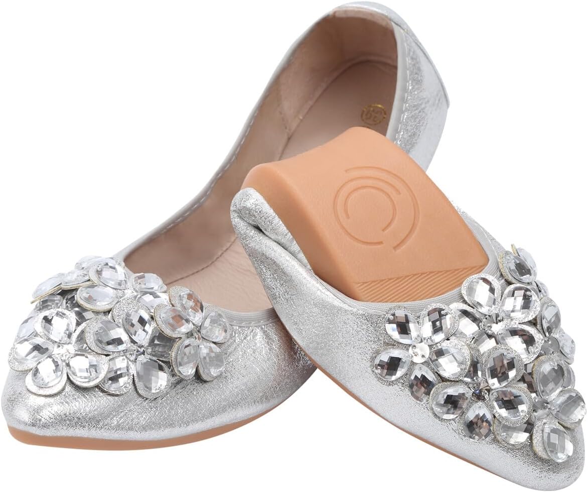 Women Ballet Flats Rhinestone Wedding Ballerina Shoes Foldable Sparkly Comfort Slip on Flat Shoes