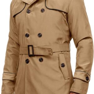 Men's Trench Coat Slim fit Double Breasted Notched Lapel Belted Windbreaker Long Jacket Casual Windproof Overcoat