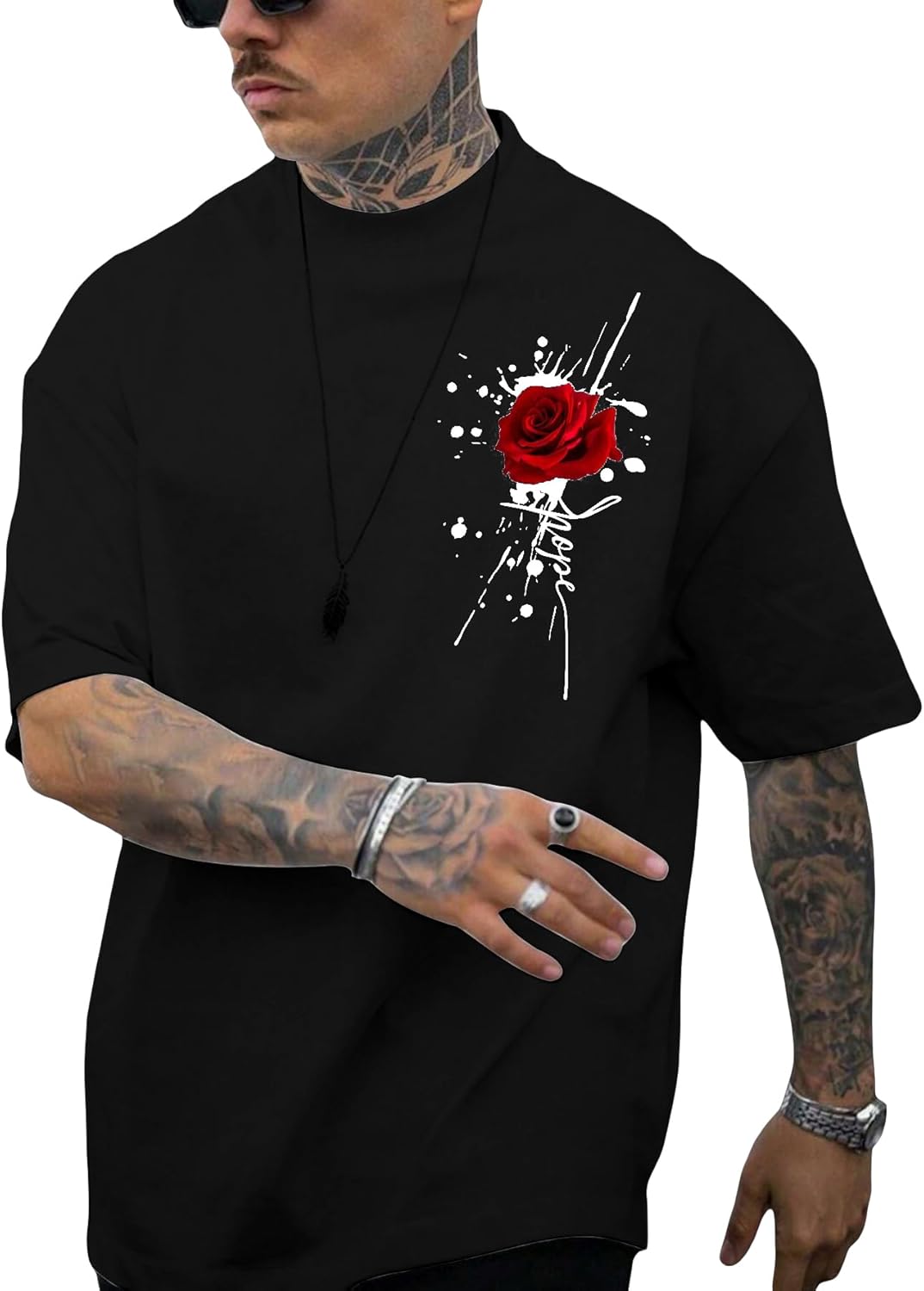 men Rose Print Graphic Tees Oversized T Shirt Summer Tops Casual