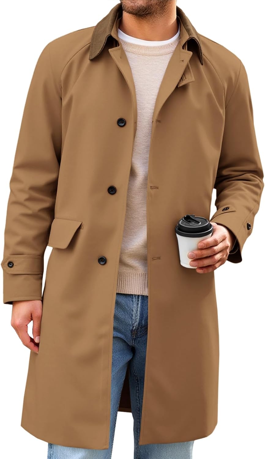 Mens Trench Coat Single Breasted Corduroy Lapel Long Jacket Fall Casual Vintage Windbreaker Overcoat