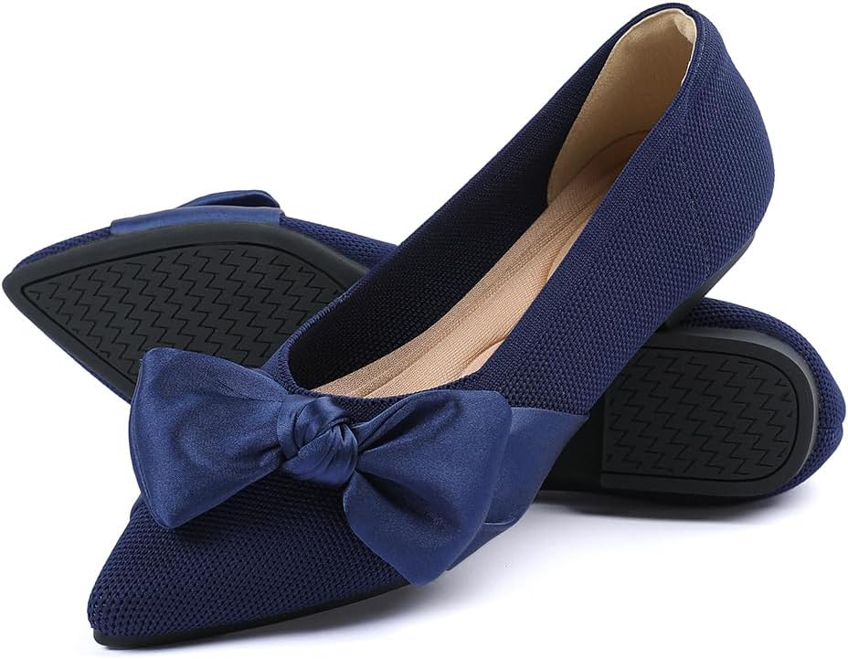 Pointed Toe Ballet Flats for Women Slip On Comfortable Flats with Bow Dressy Casual Work Shoes