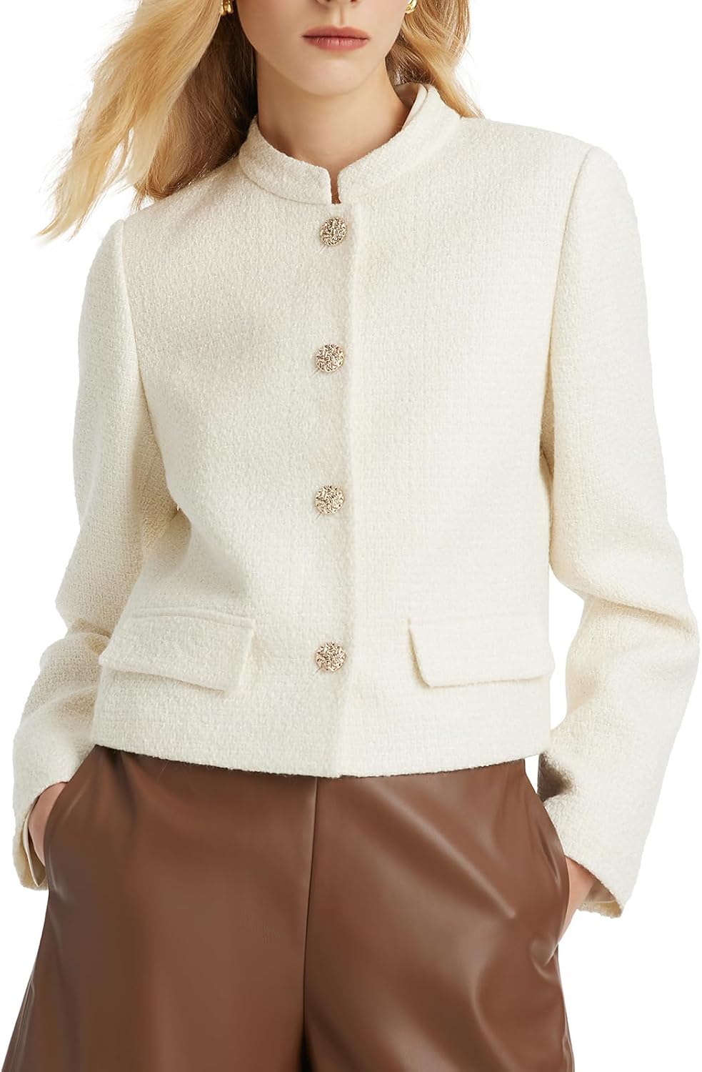 Tweed Cropped Blazer Jacket for Women Open Front Long Sve Slim Fit Business Casual Blazer