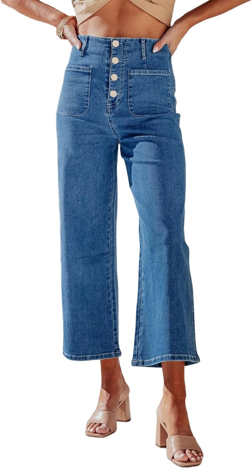 Women Wide Leg Jeans High Waisted Stretchy Straight Leg Jeans Buttoned Loose Denim Pants with Pocket