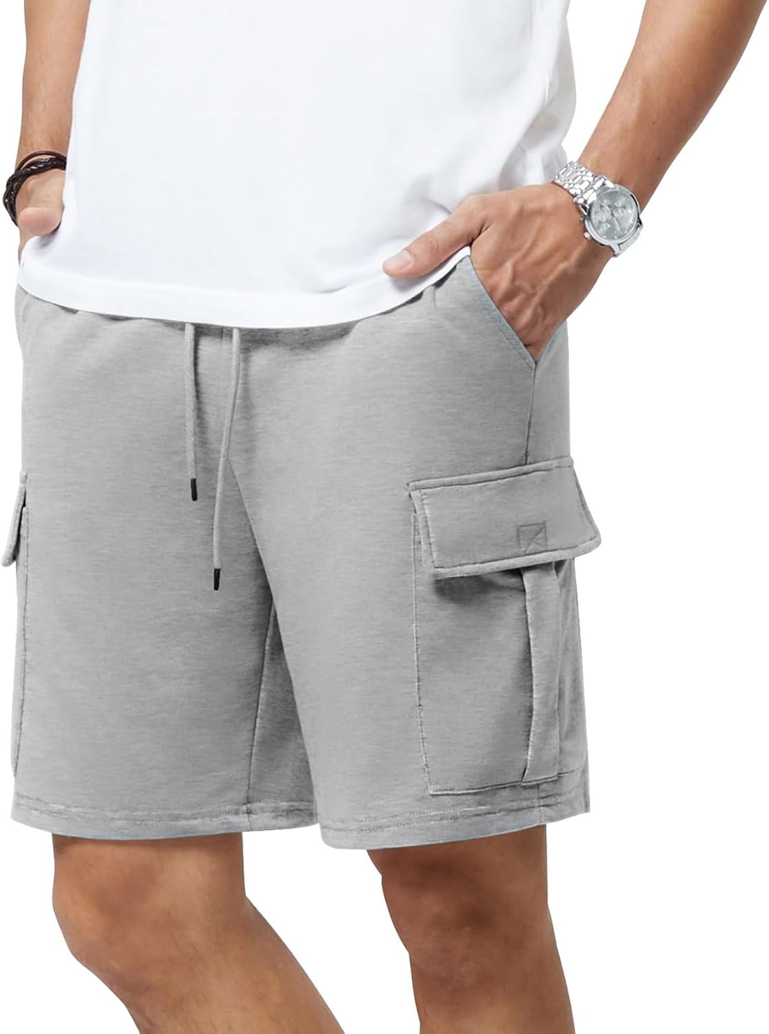 men Casual Sweat Cargo Cotton Shorts Drawstring Elastic Waist Athletic Workout Gym Jogger Shorts with 5 Pockets - Image 2