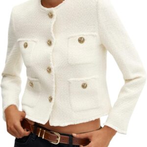 Womens Cropped Tweed Blazer Collarless Casual Business Suit Jacket Fall Elegant Outerwear