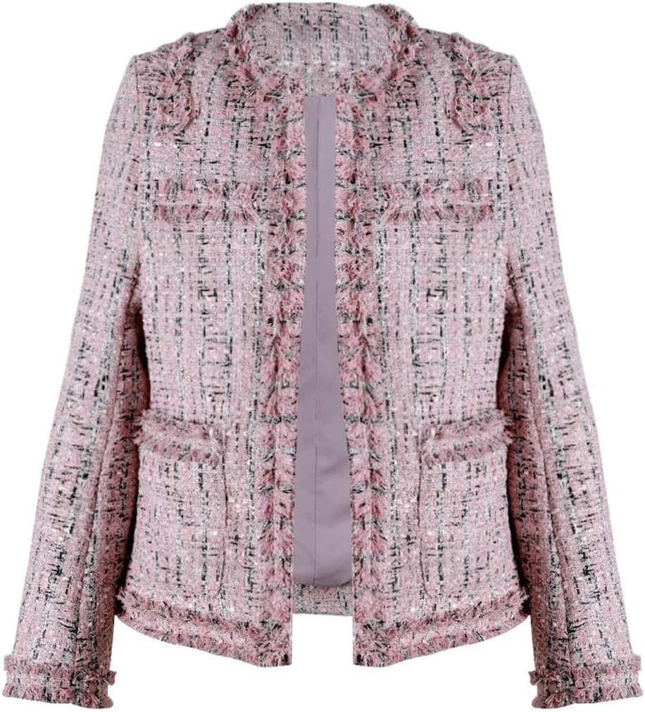 Women's Fall Business Casual Tweed Blazer Jacket Collarless Open Front Dressy Tweed Jacket