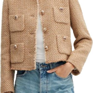 Cropped Tweed Blazer Jackets for Women Elegant Collarless Long Sve Button Down Work Office Blazer Jacket