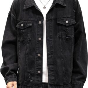 Men's Distressed Denim Jacket Casual Vintage Rugged Trucker Coat
