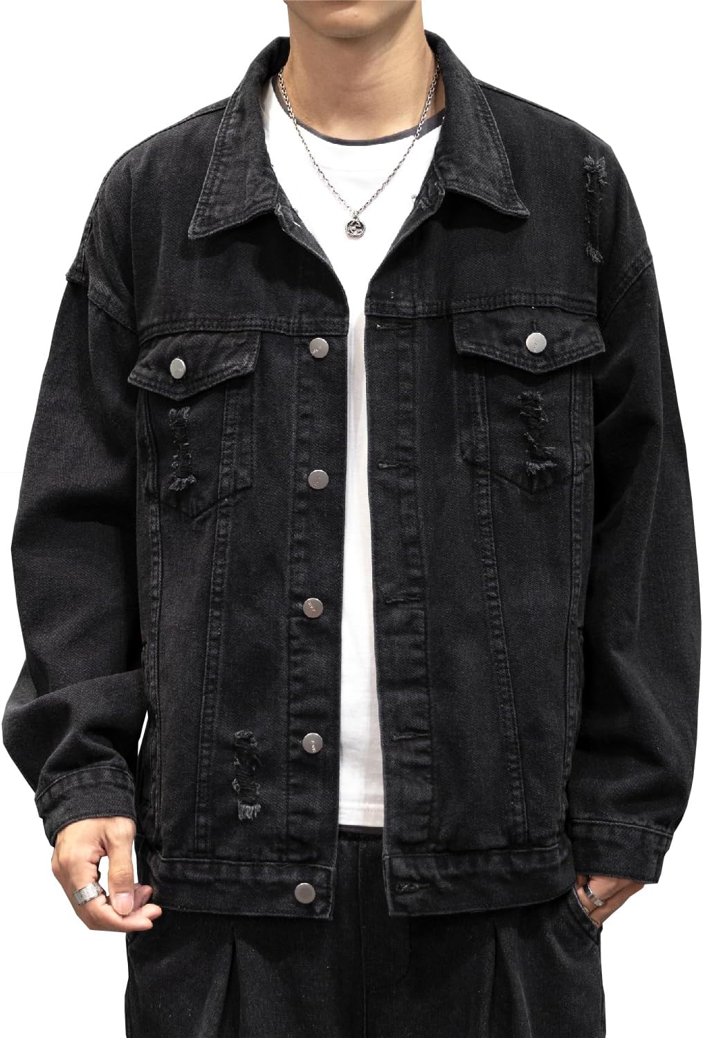 Men's Distressed Denim Jacket Casual Vintage Rugged Trucker Coat
