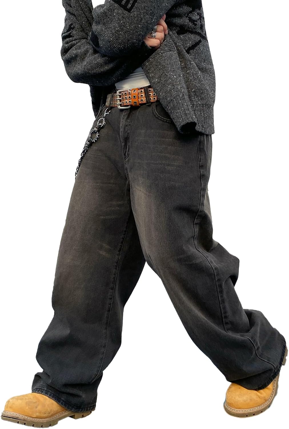 men Baggy Hip Hop Jeans Wide Leg Skater Denim Pants Casual Loose Fit Long Trousers Streetwear