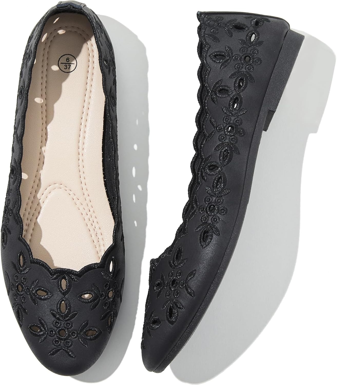 Women's Comfortable Dress Shoes Ballet Flats Slip On Shoes Black Flats Round Toe PU Leather Flats Summer with Floral Eyelets