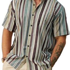 men Striped Shirts Casual Short Button Down Summer Hawaiian Shirts