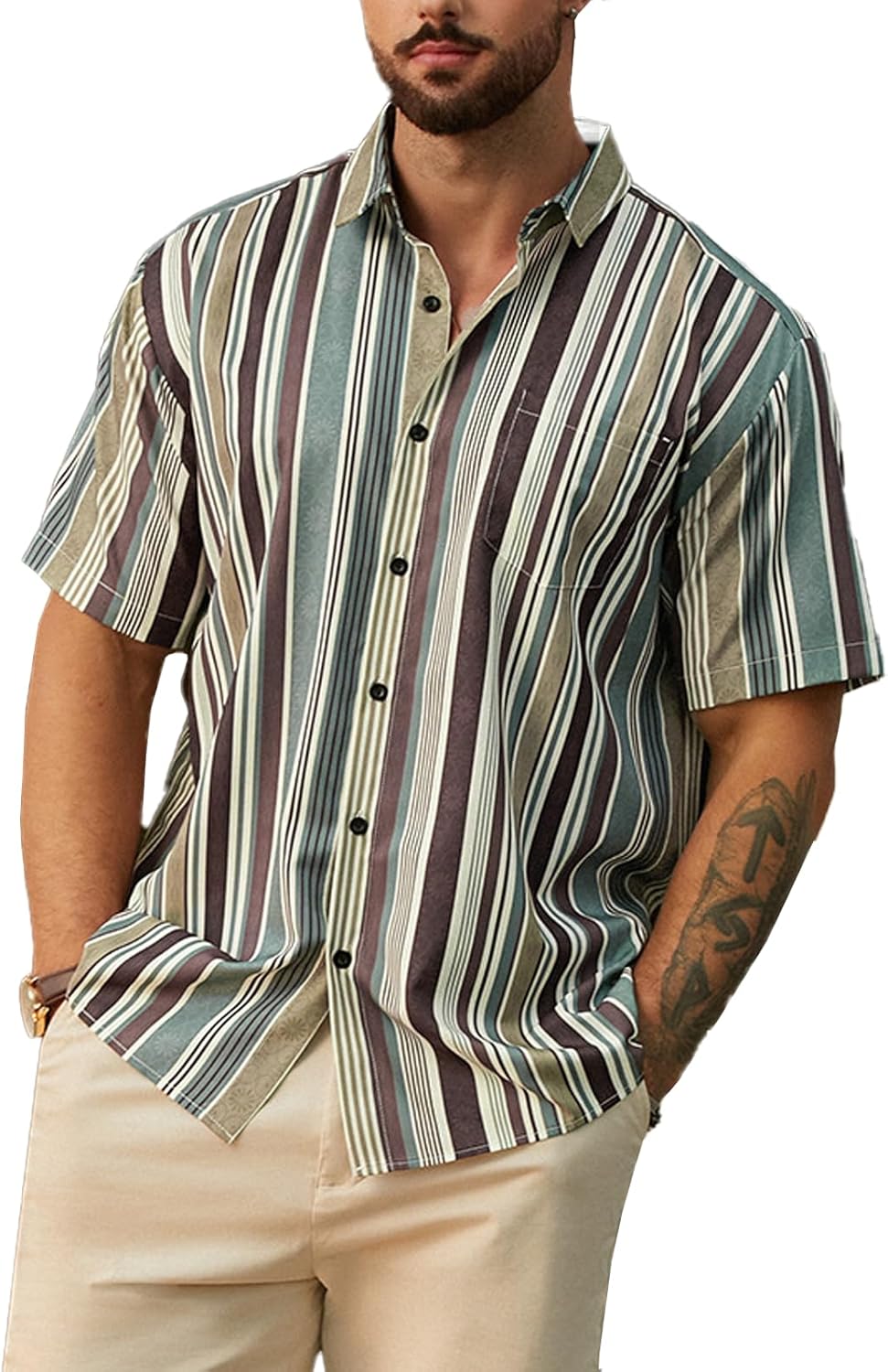 men Striped Shirts Casual Short Button Down Summer Hawaiian Shirts
