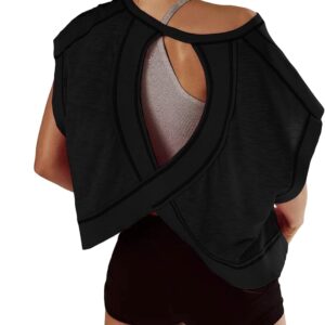Women Short Sleeve Workout Shirts Open Back Tops Casual Yoga Y2k Athletic Gym Slouchy Crop Running Tees