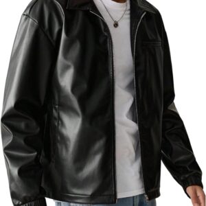 Men's Faux Leather Jacket Collar Zip Up Motorcycle PU Jackets Lightweight Outerwear Biker Vintage Coat