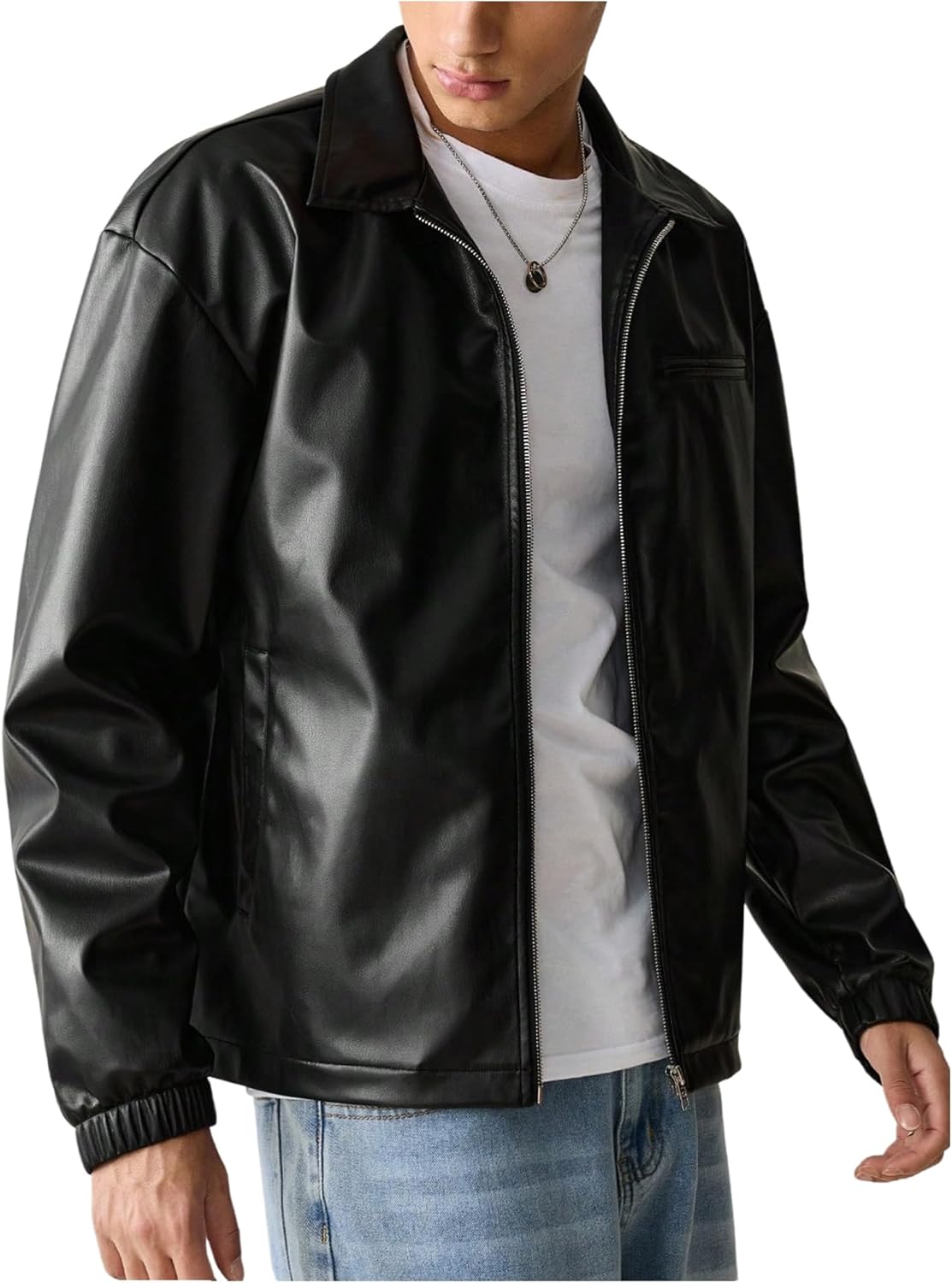 Men's Faux Leather Jacket Collar Zip Up Motorcycle PU Jackets Lightweight Outerwear Biker Vintage Coat