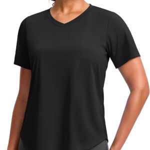 Womens Workout Tops V-Neck Short Sleeve UPF 50+ Sun Shirt Moisture Wicking Quick Dry Top for Gym, Running, Athletic