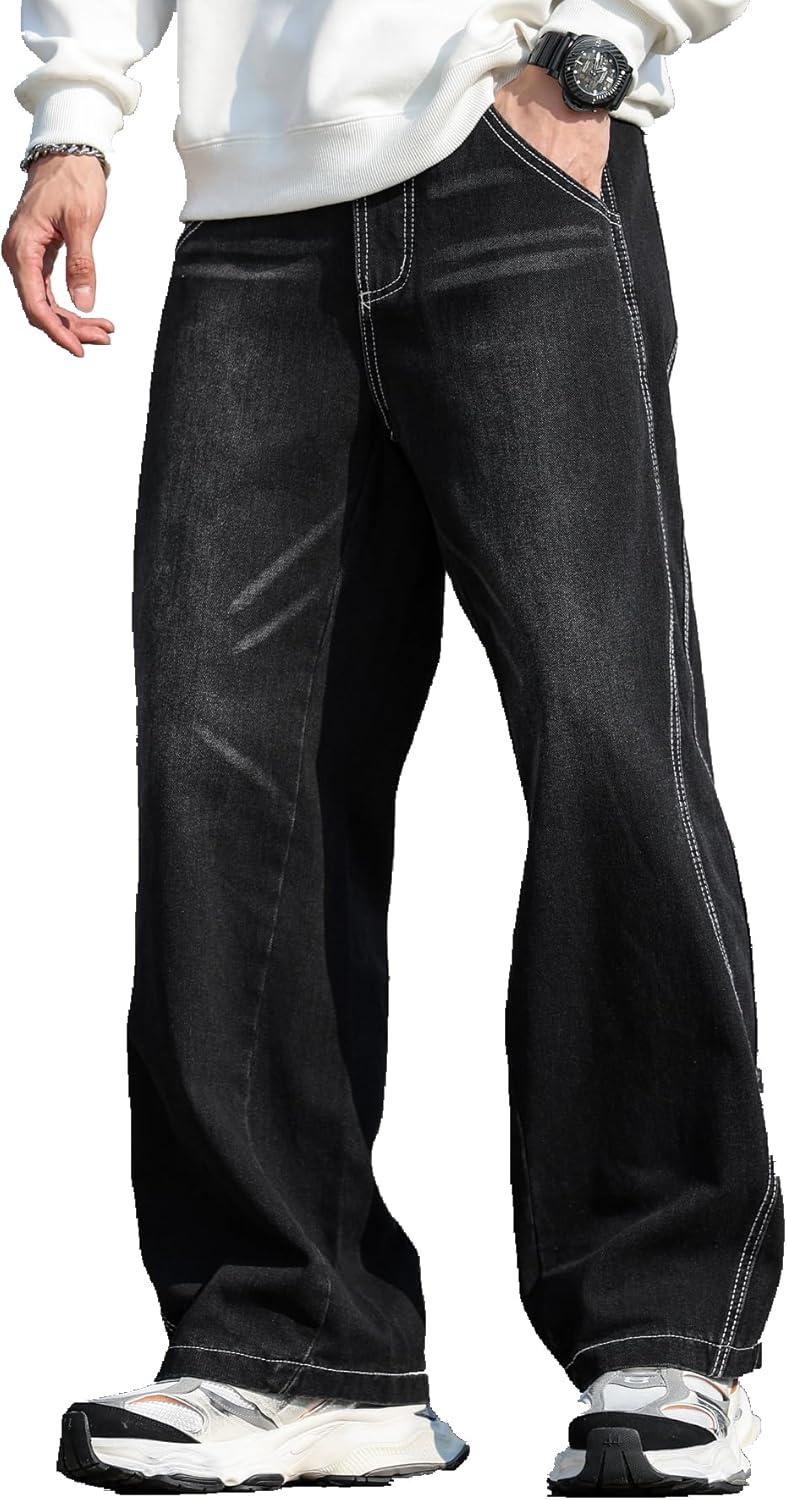 men Baggy Jeans Distressed Wide Leg Denim Pants Casual Loose Fit Trousers Streetwear