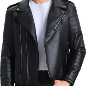 Men's Leather Jackets, Faux Bomber Jacket for Men Motorcycle Lapel Asymmetric Zip-Up Slim Fit Biker Coat