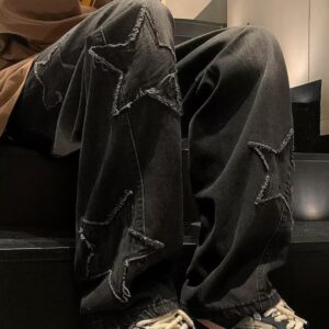 men Y2k Star Jeans High Waisted Hip Hop Streetwear Jeans Loose Baggy Embroidery Aesthetic Harajuku Denim Pants
